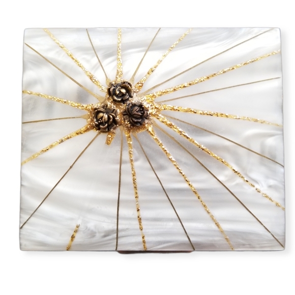 Vintage Mother Of Pearl Gold Tone Mirrored Compact - Picture 3 of 14